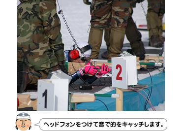 [写真]ブラインドの射撃 ヘッドフォンをつけて音で的をキャッチします。