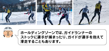ホールディングゾーンでは、ガイドランナーのストックに選手が捕まったり、ガイドが選手を抱えて滑走することもあります。